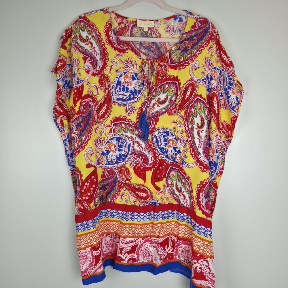 Lucy & Laurel Womens Bright Multicolor  Cap Sleeve Popover 1X.D132